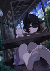 Rule 34 | 1girl, absurdres, animal ears, barefoot, black hair, day, feet, foot focus, full body, glass, hair between eyes, head rest, highres, long hair, outdoors, pov, red eyes, sitting, soles, solo, tail, toes