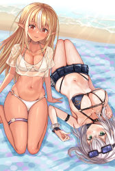 Rule 34 | absurdres, beach, bikini, bikini skirt, blonde hair, blush, breasts, closed mouth, crop top, dark-skinned female, dark skin, day, elf, eyewear on head, front-tie bikini top, front-tie top, green eyes, hair between eyes, highres, hololive, kneeling, large breasts, lens flare, long hair, looking at viewer, lying, miniskirt, mole, mole on breast, multicolored hair, navel, nootomo, o-ring, o-ring bikini, o-ring bottom, ocean, on back, parted lips, pleated skirt, pointy ears, red eyes, see-through, shiranui flare, shirogane noel, shirogane noel (summer 2020), shirt, short hair, skindentation, skirt, smile, stomach, streaked hair, sunglasses, swimsuit, thigh strap, virtual youtuber, wet, white bikini, white hair, white shirt