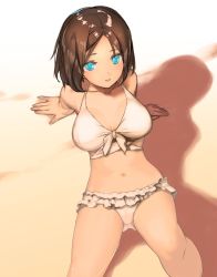Rule 34 | 1girl, arm support, bikini, blue eyes, breasts, brown hair, frill trim, frills, from above, front-tie bikini top, front-tie top, kuuro kuro, large breasts, leaning back, looking at viewer, looking up, navel, open mouth, original, outdoors, parted bangs, short hair, smile, solo, swimsuit