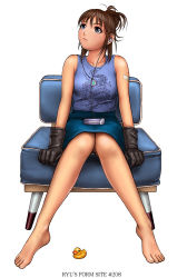 Rule 34 | 1girl, barefoot, blue eyes, brown hair, feet, female focus, full body, gloves, headphones, pinup (style), ryu (ryu&#039;s form site), sitting, solo, white background