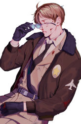 Rule 34 | 1boy, absurdres, ahoge, america (hetalia), axis powers hetalia, belt, black gloves, blazer, blonde hair, blood, blood on clothes, blood on face, bomber jacket, bruise, bruise on face, closed eyes, expressionless, glasses, gloves, highres, huacai, injury, jacket, nosebleed, removing eyewear, solo, upper body, white background