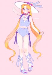 Rule 34 | alternate costume, bishoujo senshi sailor moon, blonde hair, blue bow, blue eyes, blush, bow, choker, commentary, criss-cross halter, double bun, earrings, english commentary, hair bun, halterneck, hand on own head, hat, hat bow, heart, heart choker, highres, jewelry, midriff, pink background, simple background, standing, standing on one leg, sun hat, swimsuit, tsukino usagi, twintails, vacuumchan, wristband