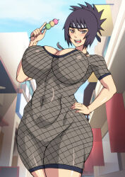 Rule 34 | 1girl, breasts, cleavage, dumpling, fishnet top, fishnets, food, forehead protector, hand on own hip, hand on own hip, headband, highres, huge breasts, konohagakure symbol, large breasts, looking at viewer, mitarashi anko, naruho, naruto (series), navel, open mouth, purple hair, solo, solo focus, spiked hair, thick thighs, thighs, wide hips