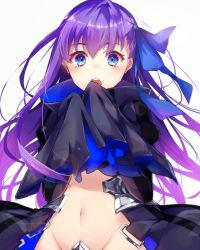 10s 1girl blue_eyes blue_ribbon fate/extra fate/extra_ccc fate/grand_order fate_(series) female_focus fujikiri_yana hair_ribbon highres long_hair long_sleeves meltryllis_(fate) midriff navel open_mouth purple_hair ribbon sleeves_past_wrists solo