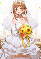 Rule 34 | 1girl, atelier (series), atelier ryza, atelier ryza 3, bare shoulders, blush, bouquet, breasts, bridal veil, brown eyes, brown hair, cleavage, closed mouth, dress, elbow gloves, flower, garter straps, gloves, hair ornament, hairclip, highres, holding, indoors, layered skirt, looking at viewer, medium breasts, medium hair, official art, open mouth, reisalin stout, short dress, skirt, sleeveless, smile, solo, sunflower, thighhighs, toridamono, veil, wedding dress, white dress, x hair ornament
