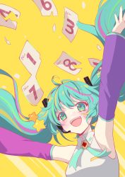 Rule 34 | 1girl, :d, absurdres, arms up, blue eyes, blue hair, blush, brand new day (vocaloid), brooch, calendar (object), collared shirt, detached sleeves, floating hair, hair ornament, hatsune miku, headset, highres, jewelry, long hair, long sleeves, multicolored hair, nagitofuu, nail polish, neck ribbon, open mouth, outstretched arms, paper, ribbon, shirt, sleeveless, sleeveless shirt, smile, solo, star (symbol), streaked hair, twintails, very long hair, vocaloid