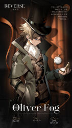Rule 34 | 1boy, bishounen, black coat, black hat, brown eyes, brown hair, brown shorts, brown vest, character name, coat, copyright name, cowboy shot, english text, hand in pocket, hand up, hat, highres, logo, looking at object, looking at watch, looking down, male focus, official art, oliver fog, pocket watch, profile, red background, red curtains, reverse:1999, shirt, short hair, short shorts, shorts, solo, spotlight, top hat, vest, watch, white shirt