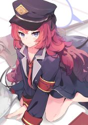 Rule 34 | 1girl, annoyed, arm support, armband, bare legs, black hat, black jacket, blue archive, commentary, feet out of frame, grey eyes, halo, hat, highres, iroha (blue archive), jacket, kneeling, koomoi, long hair, long sleeves, looking at viewer, military, military uniform, necktie, peaked cap, pillow, red hair, red necktie, safety pin, sidelocks, solo, tile floor, tiles, uniform