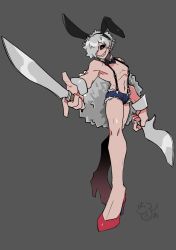 Rule 34 | 1boy, absurdres, animal ears, black sclera, bow, bowtie, colored sclera, crossed legs, dual wielding, evil grin, evil smile, fake animal ears, fake tail, full body, grey background, grin, hair over one eye, high heels, highres, holding, juuni taisen, knife, looking at viewer, male focus, male playboy bunny, pointing melee weapon, pointing sword, rabbit ears, rabbit tail, red eyes, red footwear, scimitar, short shorts, shorts, silver hair, simple background, smile, solo, suspenders, sword, tail, usagi (juuni taisen), weapon