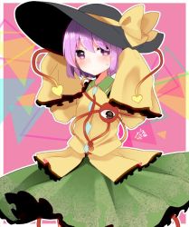 Rule 34 | 1girl, abe suke, black hat, bow, closed mouth, cosplay, cowboy shot, floral print, green skirt, hand on headwear, hands up, hat, hat bow, komeiji koishi, komeiji koishi (cosplay), komeiji satori, looking at viewer, pink eyes, pink hair, short hair, signature, skirt, sleeves past wrists, solo, sweat, third eye, touhou, yellow bow