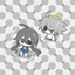 1boy 1girl ahoge alela_grora_(funamusea) blue_one-piece_swimsuit blue_shorts chibi chibi_only colored_skin expressionless eyepatch funamusea grey_eyes grey_hair haiiro_teien hair_between_eyes highres jitome long_hair low_twintails no_mouth one-piece_swimsuit optical_illusion primrose_field_illusion short_hair shorts sparkle swimsuit topless_male tsz_ju2mao1 twintails water white_skin wodahs_(funamusea)