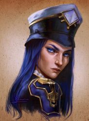 Rule 34 | 1girl, arcane: league of legends, arcane caitlyn, artist name, black hat, blue hair, brown background, caitlyn (league of legends), closed mouth, commentary, cropped shoulders, english commentary, gradient background, hat, inna vjuzhanina, league of legends, long hair, looking at viewer, looking to the side, police, police hat, police uniform, policewoman, solo, uniform, white hat