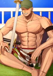 Rule 34 | 1boy, abs, alternate costume, bara, baseball cap, camouflage, camouflage shorts, feet out of frame, green hair, hat, hd189733b, highres, large pectorals, long sideburns, looking away, male focus, muscular, muscular male, navel, nipples, one piece, pectorals, pirate ship, roronoa zoro, scar, scar across eye, sheath, sheathed, short hair, shorts, sideburns, sitting, smile, solo, stomach, sweat, topless male