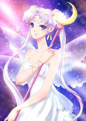 Rule 34 | 1990s (style), 1girl, bad id, bad pixiv id, bare shoulders, bishoujo senshi sailor moon, bishoujo senshi sailor moon (first season), blue eyes, bracelet, crescent, crescent facial mark, double bun, dress, facial mark, forehead mark, hair bun, hair ornament, hairpin, jewelry, kaminary, long hair, queen serenity, retro artstyle, sky, smile, solo, staff, star (sky), starry sky, strapless, strapless dress, twintails, white dress, white hair