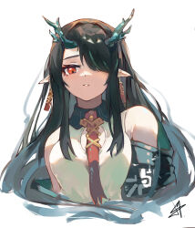 Rule 34 | 1girl, arknights, bare shoulders, black hair, breasts, china dress, chinese clothes, cleavage cutout, clothing cutout, dragon girl, dragon horns, dress, dusk (arknights), earrings, hair over one eye, highres, horns, jewelry, lolifreak, long hair, medium breasts, necktie, one eye covered, parted lips, pointy ears, red eyes, red necktie, sidelocks, simple background, solo, tassel, tassel earrings, upper body, white background, white dress