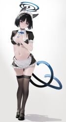 Rule 34 | 1girl, alternate costume, animal ear fluff, animal ears, apron, bikini, black bikini, black choker, black eyes, black footwear, black hair, black thighhighs, blue archive, blue halo, blush, breasts, cat ears, cat tail, choker, enmaided, full body, gradient background, halo, highres, kikyou (blue archive), long sleeves, maid, maid apron, maid bikini, maid headdress, medium breasts, multiple tails, navel, open mouth, rokuwata tomoe, shoes, short hair, solo, swimsuit, tail, thighhighs, two tails, unconventional maid, upper body, waist apron, white apron