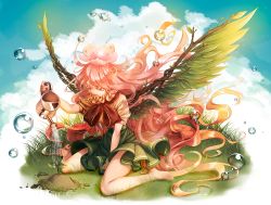 Rule 34 | 1girl, absurdly long hair, barefoot, between legs, blue sky, cloud, colored eyelashes, day, water drop, flower, full body, grass, green skirt, hair flower, hair ornament, hand between legs, lantam, leaf wings, long hair, looking down, original, outdoors, pink eyes, pink hair, short sleeves, sitting, skirt, sky, solo, sprout, very long hair, wariza, watering can, wings