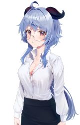 Rule 34 | 1girl, :o, alternate costume, arms at sides, bespectacled, black skirt, blue hair, breasts, cleavage, cowboy shot, ganyu (genshin impact), genshin impact, glasses, hair intakes, highres, horns, long hair, long sleeves, looking at viewer, office lady, partially unbuttoned, pencil skirt, purple eyes, shands, shirt, shirt tucked in, sidelocks, simple background, skirt, solo, tented shirt, very long hair, white background, white shirt