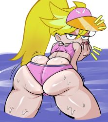 Rule 34 | 1girl, ass, bikini, blonde hair, butt crack, female focus, highres, huge ass, long hair, looking back, panty &amp; stocking with garterbelt, panty (psg), partially undressed, pink bikini, ponytail, pseudocel, smile, solo, sweat, swimsuit, water