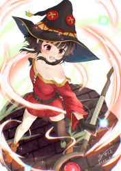 Rule 34 | 1girl, absurdres, bandaged leg, bandages, bare shoulders, belt, black choker, black hair, blush, breasts, choker, dated, dress, fingerless gloves, gloves, hat, highres, kono subarashii sekai ni shukufuku wo!, looking at viewer, megumin, open mouth, red dress, red eyes, ruriho, short hair, short hair with long locks, sidelocks, signature, single thighhigh, small breasts, smile, solo, thighhighs, witch hat