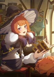 Rule 34 | 1girl, absurdres, animal ear fluff, animal ears, bird, blush, book, breasts, cape, cat, cat ears, chicken, cleavage, commentary, dress, english commentary, erezu, green cat, hat, hat belt, highres, holding, holding book, holding wand, hololive, hololive english, indoors, kfp employee (takanashi kiara), looking at viewer, medium breasts, open mouth, orange cat, orange hair, purple cape, purple eyes, purple hair, purple headwear, shelf, smile, takanashi kiara, teeth, upper body, upper teeth only, virtual youtuber, wand, wind, witch hat