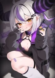 Rule 34 | ahoge, armpit peek, armpits, bandage on knee, bandages, black horns, blurry, blurry background, blush, breasts, breasts apart, cellphone, collar, demon horns, hair ornament, hairclip, highres, holding, holding phone, hololive, horns, iphone, jacket, kneehighs, la+ darknesss, licking lips, light smile, long sleeves, multicolored hair, multicolored horns, namagome negi, no bra, open clothes, open jacket, orange eyes, phone, purple bandages, purple collar, purple hair, purple horns, purple nails, revealing clothes, shade, slit pupils, small breasts, smartphone, smile, socks, squatting, streaked hair, thigh strap, thighs, tongue, tongue out, two-tone horns, virtual youtuber, white hair, white socks