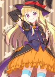 Rule 34 | 1girl, :q, blonde hair, broom, brown hair, bubble skirt, capelet, halloween, hat, holding, hyuuga azuri, long hair, looking at viewer, orange skirt, original, skirt, solo, striped clothes, striped thighhighs, thighhighs, tongue, tongue out, witch hat