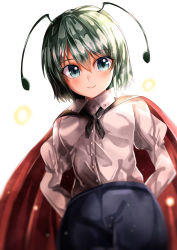 Rule 34 | 1girl, absurdres, ambiguous gender, antennae, aqua eyes, backlighting, blouse, blurry, blush, breasts, buttons, cape, closed mouth, collared shirt, commentary request, cowboy shot, depth of field, dress shirt, green hair, hair between eyes, highres, juliet sleeves, long sleeves, looking at viewer, mahoro (minase mahoro), pants, puffy sleeves, red cape, shirt, simple background, small breasts, smile, solo, touhou, white background, white shirt, wriggle nightbug