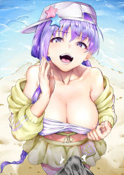 Rule 34 | 1boy, 1girl, ^^^, ao (time-leap), bare shoulders, bb (fate), bb (fate) (all), bb (swimsuit mooncancer) (fate), bb (swimsuit mooncancer) (first ascension) (fate), beach, braid, breasts, bulge, cleavage, collarbone, commentary request, day, erection, erection under clothes, fate/grand order, fate (series), from above, hat, highres, large breasts, long hair, looking at viewer, naughty face, open mouth, pov, purple eyes, purple hair, sand, single braid, solo focus, star (symbol), swimsuit, teeth, water, white hat