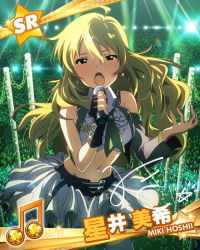 Rule 34 | 10s, 1girl, ahoge, bare shoulders, beamed quavers, blonde hair, blush, card (medium), character name, crop top, hoshii miki, idolmaster, idolmaster (classic), idolmaster million live!, long hair, looking at viewer, microphone, midriff, musical note, navel, official art, open mouth, skirt, solo, wireless