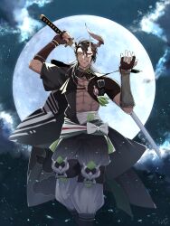 Rule 34 | 1boy, abs, aragami oga, arm guards, arm up, armor, asymmetrical clothes, black collar, black hair, black kimono, black pants, bow, cloud, collar, commentary, dark-skinned male, dark skin, demon boy, earrings, feet out of frame, full moon, gloves, gradient clothes, gradient pants, green eyes, green sash, grin, hadanugi dousa, hair over one eye, hair over shoulder, half mask, hand up, highres, holding, holding sword, holding weapon, holostars, horns, igote, japanese armor, japanese clothes, jewelry, kimono, light particles, long hair, looking at viewer, low ponytail, male focus, mask, moon, night, night sky, official alternate costume, ootachi, open kimono, pants, partially fingerless gloves, pectoral cleavage, pectorals, puffy pants, red eyes, sarashi, sash, sayagata, sharp teeth, short sleeves, shoulder armor, single earring, single horn, sky, smile, sode, solo, standing, straight-on, sugita, sword, symbol-only commentary, tassel, teeth, toned, toned male, virtual youtuber, weapon, white bow, white mask, white pants, white sash