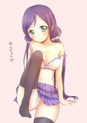 Rule 34 | 10s, 1girl, bare shoulders, black thighhighs, blush, bra, breasts, collarbone, green eyes, leg up, long hair, looking at viewer, love live!, love live! school idol project, low twintails, medium breasts, midriff, navel, no shirt, panties, pantyshot, purple hair, sa ioio, school uniform, scrunchie, sitting, skirt, smile, solo, strap slip, thighhighs, tojo nozomi, twintails, underwear, upskirt, you-1110