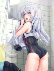 Rule 34 | 1girl, ahoge, alternate costume, ass, bathroom, blue eyes, blush, commentary request, cosplay, em s, hair ornament, hairclip, hibiki (kancolle), highres, indoors, kantai collection, long hair, looking at viewer, looking back, mirror, one-piece swimsuit, open mouth, ro-500 (kancolle), ro-500 (kancolle) (cosplay), sailor collar, school swimsuit, school uniform, shower head, silver hair, solo, swimsuit, swimsuit under clothes, tile wall, tiles, wet, wet clothes