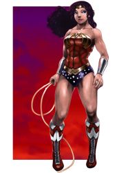 Rule 34 | 1girl, abs, amazon warrior, black hair, blue eyes, boots, bracelet, breasts, bustier, dc comics, earrings, highres, jewelry, large breasts, lasso, lasso of truth, lingerie, lips, muscular, rope, short shorts, shorts, smile, solo, star (symbol), star print, superhero costume, thick thighs, thighs, underwear, vigwer, wind, wonder woman, wonder woman (series)