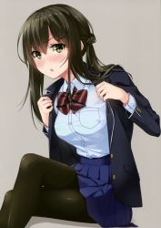 Rule 34 | 1girl, :o, absurdres, black jacket, blazer, blue skirt, bow, bowtie, breast pocket, breasts, brown eyes, brown hair, brown pantyhose, collared shirt, cowboy shot, crossed legs, dress shirt, green eyes, hair between eyes, hair ornament, hairclip, half updo, hands up, heart, heart hair ornament, highres, jacket, long hair, looking at viewer, medium breasts, miniskirt, open clothes, open jacket, open mouth, original, pantyhose, pink lips, pleated skirt, pocket, red bow, red bowtie, scan, school uniform, shiny clothes, shirt, sidelocks, simple background, sitting, skirt, solo, striped bow, striped bowtie, striped clothes, striped neckwear, unasaka ryou, white shirt, wing collar