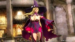 Rule 34 | 1girl, 3d, arc system works, blazblue, blonde hair, blue eyes, breasts, cleavage, cosplay, dead or alive, dead or alive 5, hat, helena douglas, konoe a. mercury, konoe a mercury (cosplay), large breasts, long hair, official art, solo, tecmo, witch hat