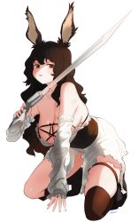 Rule 34 | 1girl, animal ears, bare shoulders, boots, breasts, brown eyes, brown footwear, brown hair, cleavage, commission, corset, detached sleeves, dress, final fantasy, final fantasy xiv, frilled sleeves, frills, full body, gun, gunblade, highres, holding, holding gun, holding weapon, kneeling, large breasts, leaning back, long sleeves, looking at viewer, parted lips, rabbit ears, ryusei hashida, signature, simple background, sleeves past wrists, solo, thigh strap, thighs, viera, weapon, white background, white dress