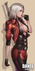 Rule 34 | 1girl, artist name, beige background, belt, belt buckle, black gloves, blue eyes, breasts, buckle, character name, cleavage, dante (devil may cry), dantewontdie, devil may cry (series), eyelashes, genderswap, genderswap (mtf), gloves, jacket, large breasts, long hair, nail polish, pants, partially fingerless gloves, red jacket, red nails, simple background, solo, sword, sword behind back, thumb to mouth, weapon, white hair