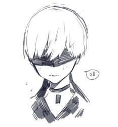 Rule 34 | 1boy, blindfold, blush, choker, facing viewer, flying sweatdrops, greyscale, highres, male focus, mochizuki kei, monochrome, nier (series), nier:automata, parted lips, portrait, simple background, sketch, smile, solo, speech bubble, white background, 9s (nier:automata)