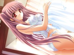 Rule 34 | 1girl, airi (quilt), ass, bustier, carnelian, dutch angle, game cg, lace, lingerie, long hair, panties, pink hair, quilt (game), red eyes, solo, twintails, two side up, underwear, white panties