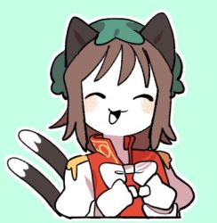 Rule 34 | 1girl, :3, :d, ^ ^, animal ears, blue background, blush, bow, bowtie, brown hair, cat ears, cat tail, chen, closed eyes, cropped torso, green hat, hands up, happy, hat, juliet sleeves, long sleeves, lowres, mob cap, multiple tails, nekomata, open mouth, organsoup, outline, paw pose, puffy sleeves, red vest, short hair, simple background, smile, solo, tail, tongue, touhou, two tails, upper body, vest, white bow, white bowtie, white outline