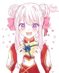 Rule 34 | 0725akaba, 1girl, :d, bow, box, braid, china dress, chinese clothes, double bun, dress, gift, gift box, hair bow, hair bun, hands up, happy valentine, heart, heart-shaped box, highres, himehina channel, holding, holding gift, long hair, open mouth, pink bow, puffy short sleeves, puffy sleeves, red dress, short sleeves, sidelocks, signature, simple background, smile, solo, tanaka hime, upper body, valentine, virtual youtuber, white background, white hair