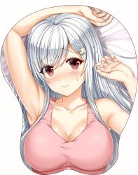 Rule 34 | 1girl, aldehyde, arm up, armpits, bare shoulders, blush, breast mousepad, breasts, brown eyes, cleavage, closed mouth, collarbone, commentary request, hair ornament, highres, large breasts, long hair, mousepad, mousepad (medium), nail polish, neeko (aldehyde), nose blush, original, pink nails, pink shirt, shirt, silver hair, sleeveless, sleeveless shirt, solo, sweatdrop, upper body