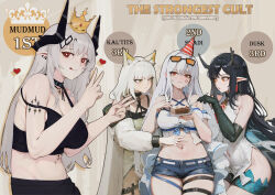 Rule 34 | 4girls, :p, anger vein, animal ears, arknights, bare shoulders, black hair, blush, breasts, cake, comic, commentary, covered navel, double v, dress, dusk (arknights), earrings, english commentary, english text, food, fork, holding, holding fork, horns, jewelry, kal&#039;tsit (arknights), kinohara kossuta, large breasts, long hair, material growth, medium breasts, midriff, mudrock (arknights), multiple girls, navel, orange eyes, oripathy lesion (arknights), pointy ears, shorts, skadi (arknights), skadi (waverider) (arknights), strap slip, thigh strap, tongue, tongue out, v, white hair