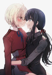 Rule 34 | 2girls, black gloves, black hair, black vest, blonde hair, blue ribbon, blush, collared shirt, commentary request, dress, eye contact, gloves, grey shirt, hair ribbon, hand on another&#039;s shoulder, inoue takina, long hair, looking at another, lycoris recoil, lycoris uniform, medium hair, multiple girls, nishikigi chisato, parted lips, purple eyes, raikou104, red dress, red eyes, red ribbon, ribbon, shirt, simple background, sitting, sitting on lap, sitting on person, smile, vest, white background, yuri