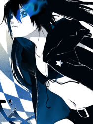 Rule 34 | 10s, 1girl, belt, black hair, black rock shooter, black rock shooter (character), blue eyes, buckle, closed mouth, collarbone, colored skin, expressionless, female focus, glowing, glowing eye, jacket, long hair, long sleeves, looking at viewer, monochrome, navel, open clothes, open jacket, solo, star (symbol), very long hair, vocaloid, white skin, yuuryuu nagare