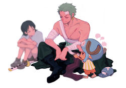 Rule 34 | 2boys, antlers, bandages, bandaid, bandaid on face, bandaid on forehead, earrings, full body, hat, highres, horns, jewelry, kuina, looking at another, multiple boys, one piece, roronoa zoro, scar, scar on chest, scar on face, shirt, shorts, sitting, smile, sword, tony tony chopper, topless male, towne, weapon, white background