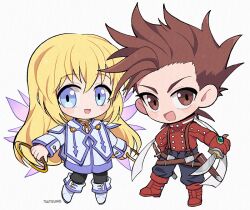 Rule 34 | 1boy, 1girl, black leggings, black pants, blonde hair, blue eyes, boots, brown eyes, brown hair, chakram, chibi, choker, coat, colette brunel, fairy wings, gloves, gold choker, gold necklace, high collar, holding, holding sword, holding weapon, jewelry, leggings, lloyd irving, long hair, long sleeves, necklace, open mouth, pants, red coat, red footwear, red gloves, ribbon, short hair, sleeve cuffs, smile, spiked hair, sword, tales of (series), tales of symphonia, ttnoooo, weapon, white footwear, white ribbon, wings