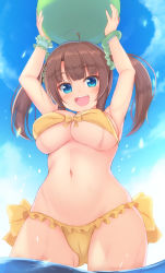 Rule 34 | 1girl, arms up, ball, beachball, belly, bikini, blue eyes, blue sky, bow, bowtie, bracelet, breasts, brown hair, cameltoe, cloud, commentary request, day, fang, gluteal fold, green bracelet, holding, holding ball, jewelry, kageira, large breasts, long hair, looking at viewer, md5 mismatch, minori (senran kagura), navel, one-piece swimsuit, open mouth, scrunchie, senran kagura, side-tie bikini bottom, sky, smile, standing, stomach, swimsuit, teeth, twintails, upper teeth only, wading, water, wet, wrist scrunchie, yellow one-piece swimsuit