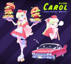 Rule 34 | 1girl, apron, arms up, blonde hair, blue eyes, blush, bow, burger, buttons, car, carol (donuttypd), character name, closed eyes, closed mouth, colored skin, donuttypd, dress, earrings, expressions, food, french fries, hair bow, hands up, hat, head tilt, holding, holding tray, jewelry, ketchup, large earrings, leaking, leg up, lettuce, long hair, medium dress, mimic, monster girl, motor vehicle, nose bubble, olive, one eye closed, open mouth, original, pink skin, puffy short sleeves, puffy sleeves, purple background, red car, red dress, red headwear, roller skates, saliva, server, short sleeves, skates, sleeping, sleeping upright, sliced cheese, smile, striped, striped background, tomato, tray, very long hair, waist apron, wheel, white apron